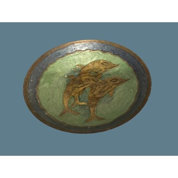 Vintage Pedestal Enamel Brass Trinket Dish with Dolphin Scene 5.5" - Picture 5 of 6